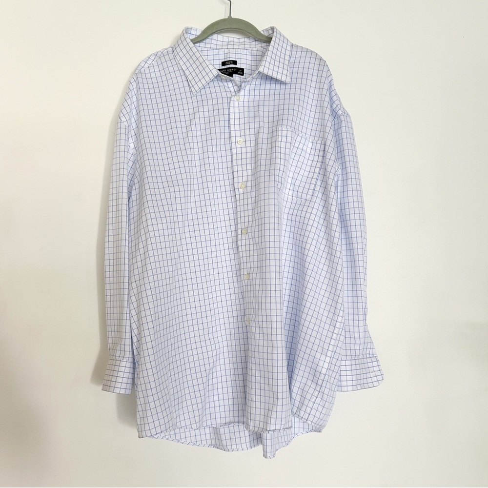 Pronto Uomo Men’s Button Down Long Sleeve Dress Shirt White Blue Plaid Stripe - Picture 2 of 4